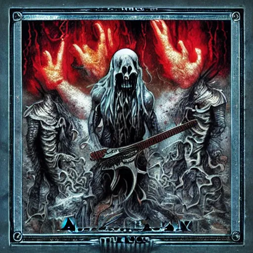 Image similar to among us video game among us death metal album cover in the style of death metal record cover