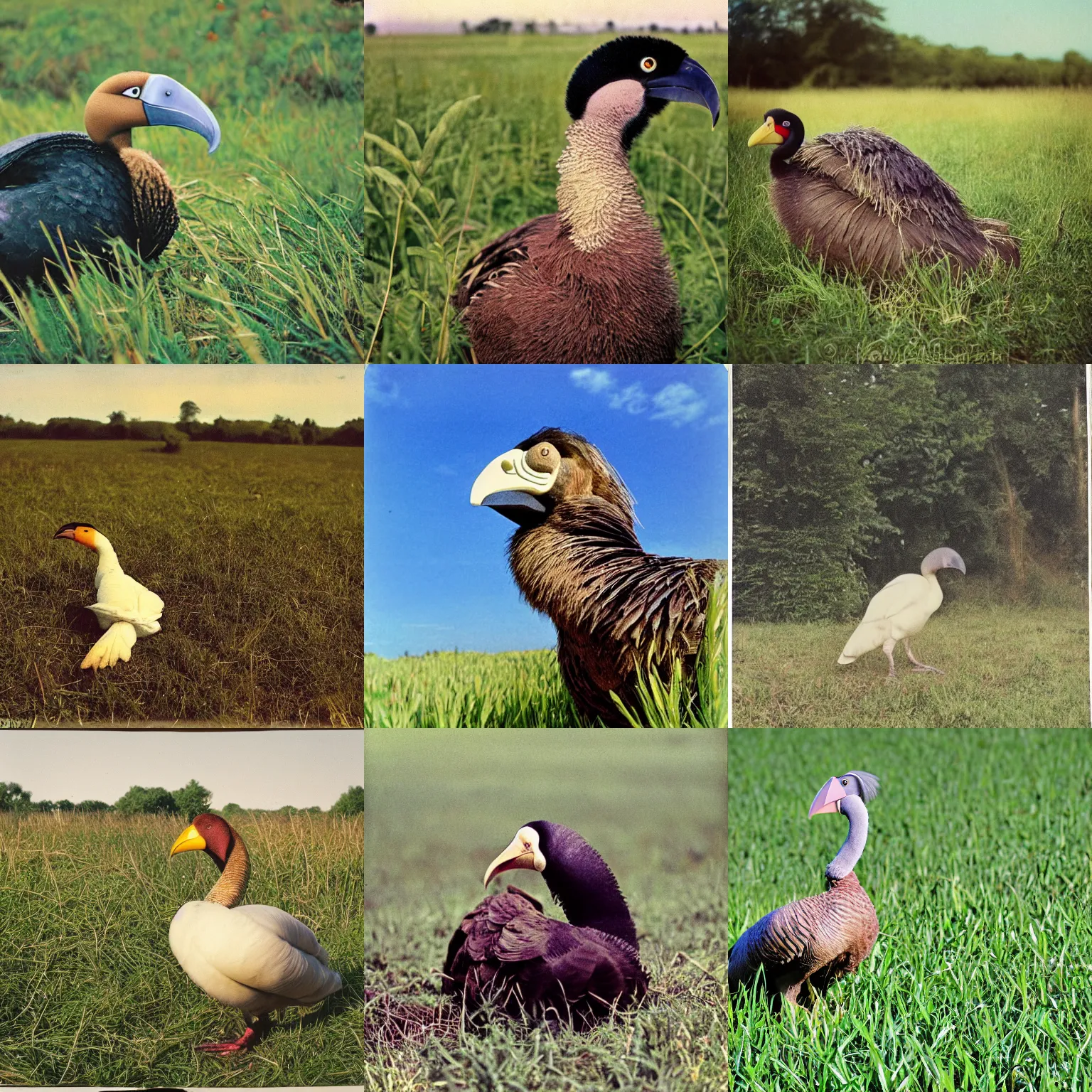 Prompt: dodo bird sitting in a field, colored photograph, analog photo