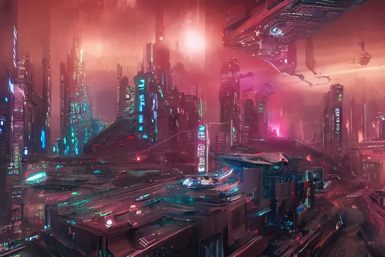 Image similar to Cyberpunk futuristic Kyoto, captivating glowing lights, Star Trek setting, on interstellar space, photo realistic by Yaşar VURDEM , artstation, unreal engine, building concept art by Moebius, high quality printing