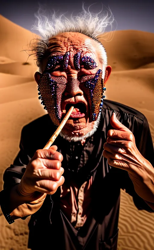 Image similar to screaming old asian man with beard, his head covered in jewels, full face silver mask, glowing eyes, wearing a wooden stick, smoke around him, in the dry rock desert, cinematic shot, wide angle, desert background, award winning photography, 8k, in the style of David Lynch, Alejandro Jodorowsky and Gaspar Noe