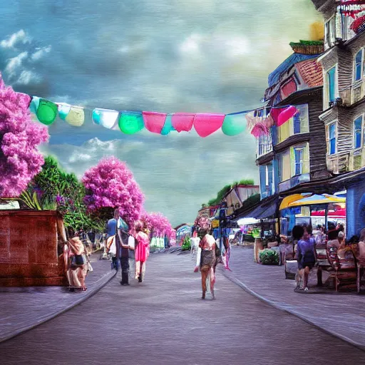Prompt: by the seaside town street, digital painting, bloom, hyperrealistic, photo