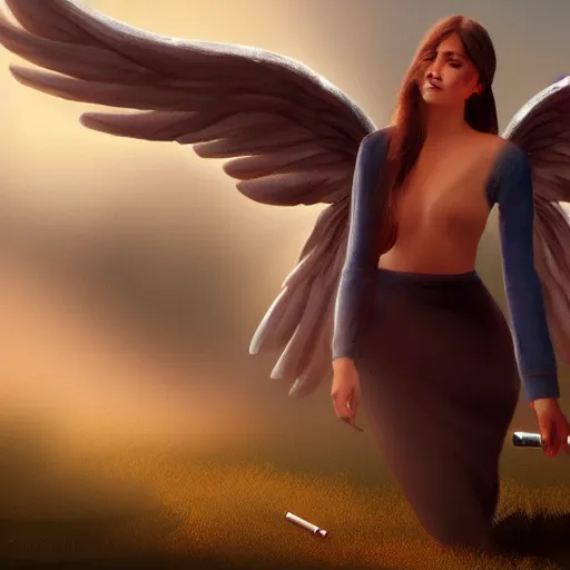 Prompt: a matte painting of an angel in a park smoking a cigarette, big wings, artstation