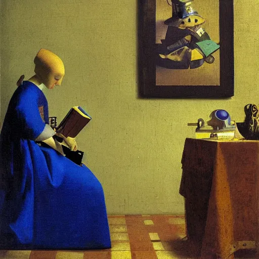 Image similar to a robot reading a book by johannes vermeer