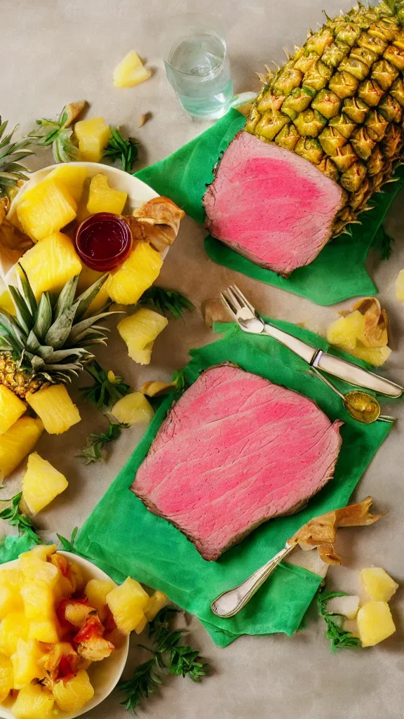 Image similar to 6 0 s food photography of a slab of roast beef, covered in jelly and pineapples, tropical vibes, on a velvet table cloth, soft focus