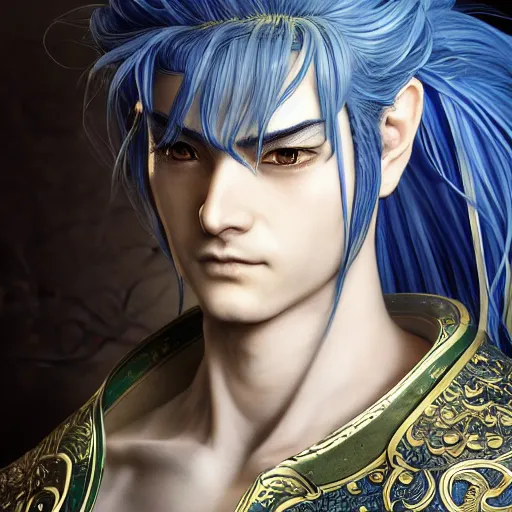 Prompt: an immortal xianxia cultivator with long blue hair as an absurdly handsome, elegant, young anime man, ultrafine hyperrealistic detailed face illustration by kim jung gi, irakli nadar, intricate linework, sharp focus, bright colors, matte, final fantasy, unreal engine highly rendered, global illumination, radiant light, intricate environment