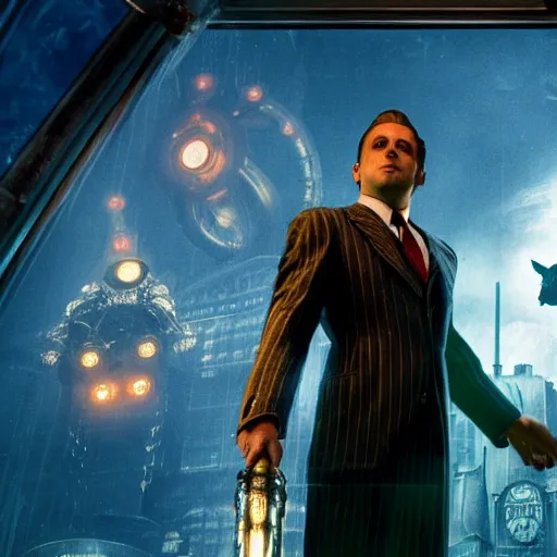 Image similar to a highly detailed cinematic photo from a live - action bioshock movie. andrew ryan, portrayed by ryan gosling, is shown standing in a 1 9 3 0's office with a large desk in front of a floor - to - ceiling window looking out onto the underwater city of rapture shining in the distance, several fish are shown outside of the window