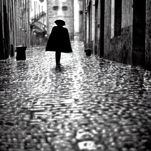 Image similar to fine art photograph of a woman waiting for the rain to stop, rainy flagstone cobblestone street, rule of thirds, sharp focus by henri cartier bresson