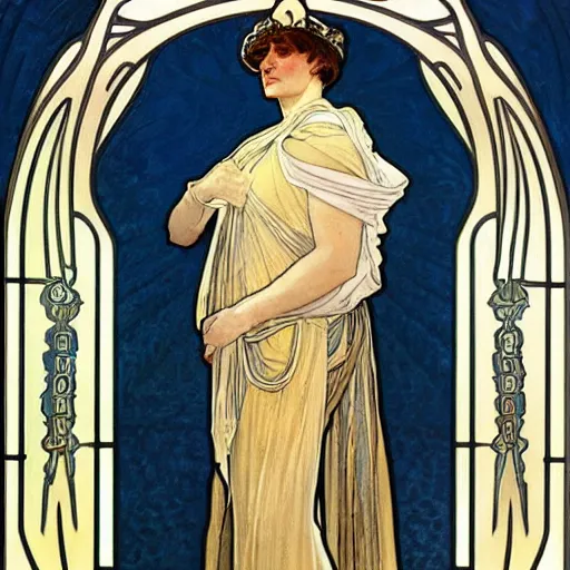 Image similar to an elegant white and gold acrylic painting of a roman emperor, by alphonse mucha