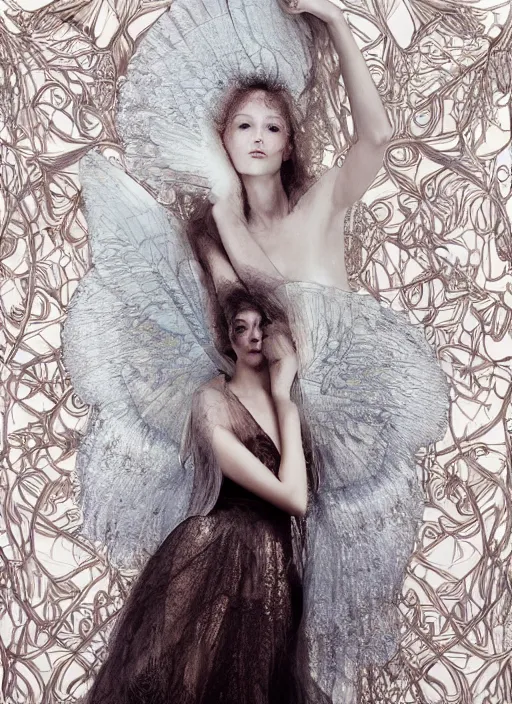 Prompt: Kodak Portra 400, 8K, soft light, volumetric lighting, highly detailed, britt marling style 3/4 , fine art portrait photography in style of Paolo Roversi, face merging with wings of Butterfly, metamorphosis complex 3d render , 150 mm lens, art nouveau fashion embroidered, intricate details, elegant, hyper realistic, ultra detailed, octane render, etheric, outworldly colours, emotionally evoking, head in focus, fantasy, ornamental, intricate, elegant, 8K, soft light, volumetric lighting, highly detailed, Refined, Highly Detailed, soft pastel lighting colors scheme, fine art photography, Hyper realistic, photo realistic
