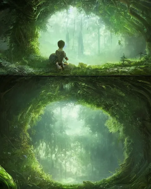 Prompt: a kid looking into a mirror in the hidden garden, green forest, environment art, fantasy art, landscape art, in the style of greg rutkowski, illustration, epic, fantasy, intricate, hyper detailed, artstation, concept art, smooth, sharp focus, ray tracing