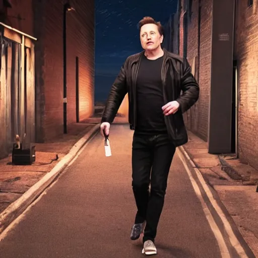 Prompt: Elon musk drinking out of a car battery in an alleyway at night