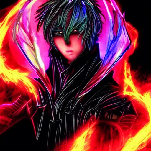 Image similar to villan angel handsome in love slayer art, night, electro lines, anime style, detailed face, high quality, smooth in 8k, sharp focus, beautiful scene, black border, beautiful scene with a lot of colors, colorful fire, many colors