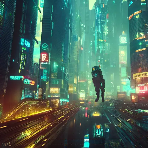 Image similar to professional photo of astronaut flying in cyberpunk city, blade runner, hyperrealistic masterpiece, trending on artstation, cgsociety, kodakchrome, golden ratio, cinematic, composition, beautiful lighting, hyper detailed, sharp focus, octane render, 4 k, unreal engine