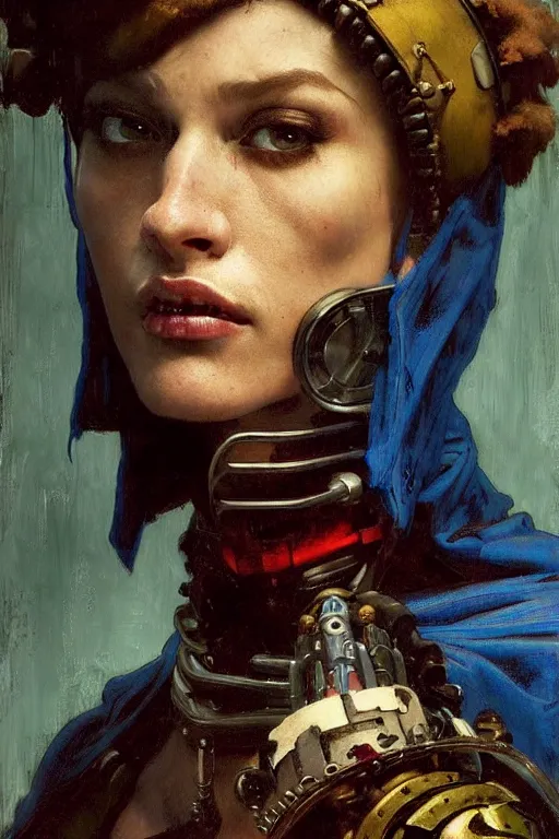 Image similar to full character portrait max mad cyberpunk warhammer 4 0 k, medic sapper not the girl with the pearl earring character design, painting by gaston bussiere, katsuya terada, nc wyeth, greg rutkowski, craig mullins, vermeer, frank frazetta, mucha, tom of finland, trending on artstation, jeffery catherine jones, by norman rockwell