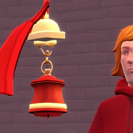 Prompt: a red hooded wizard holding a bell in sims 4 screenshot
