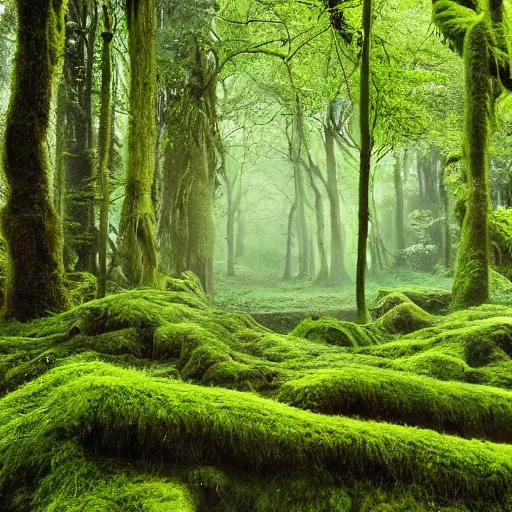 Image similar to the wood between the worlds, narnia, a forest filled with pools of water, lush green forest, moss,