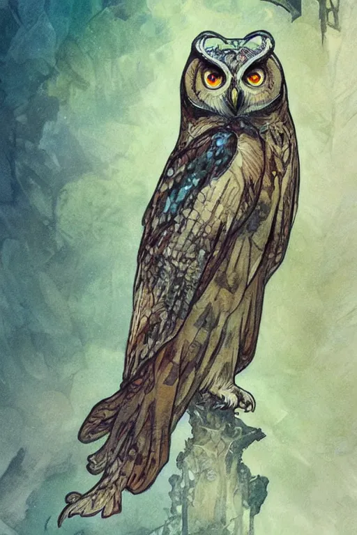 Image similar to owl, water color, D&D, fantasy, highly detailed, digital painting, artstation, concept art, matte, sharp focus, illustration, art by Ivan Gantschev and Alphonse Mucha