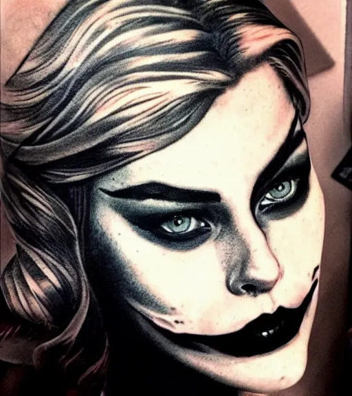 Image similar to tattoo design sketch of beautiful margot robbie with joker makeup and holding an ace card, in the style of den yakovlev, realistic face, black and white, realism tattoo, hyper realistic, highly detailed