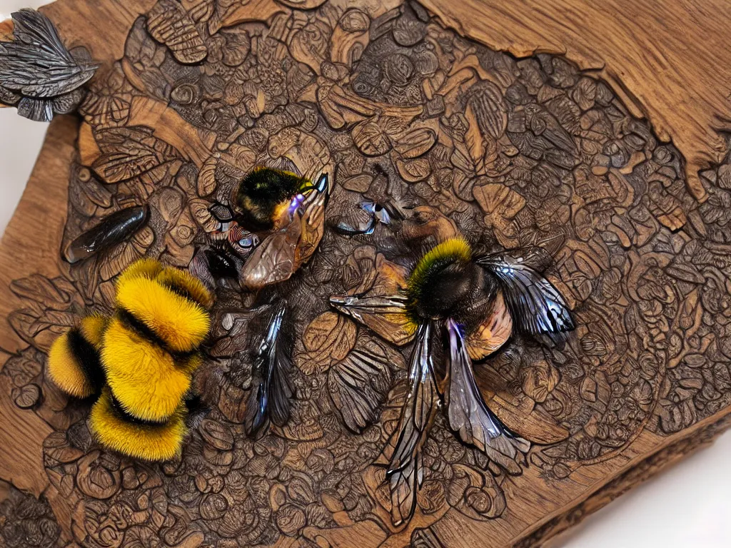 Prompt: an intricately carved wooden model of a bumblebee, 8k, extremely detailed