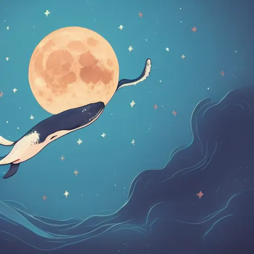 Prompt: a whale flying over the moon, digital art, trending on artstation, whimsical illustration