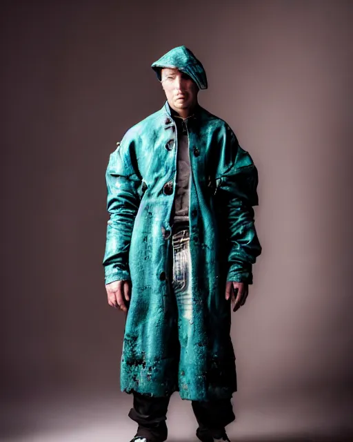 Prompt: an award - winning photo of a male model wearing a baggy teal distressed medieval menswear moto jacket by issey miyake, 4 k, studio lighting, wide angle lens