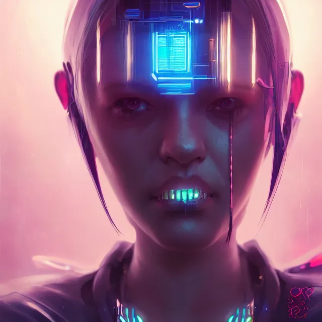 Prompt: portrait of cyberpunk female, symmetry! cyberpunk setting, subsurface scattering, artistic, art by artgerm, greg rutkowski and alphonse mucha, artstation, octane render,