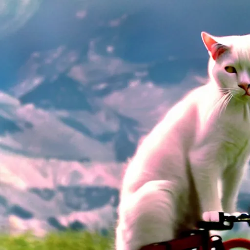 Prompt: a white cat riding a bicycle, austria, film still, sound of music, 4 k, 8 k