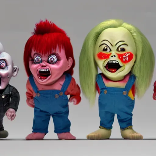 Image similar to a large variety of ice cream popsicles shaped like screaming chucky dolls, octane render