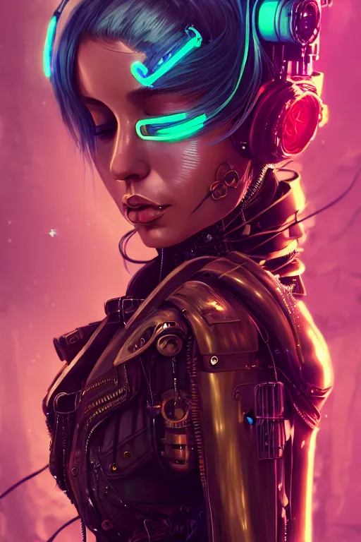 Image similar to soft lustrous seductive raver gutter punk steampunk cyborg, golden ratio, details, scifi, fantasy, cyberpunk, intricate, decadent, highly detailed, digital painting, octane render, artstation, concept art, smooth, sharp focus, illustration, art by artgerm, loish, wlop