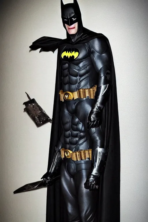 Image similar to batman cosplay, creepy, disturbing, bloody, darkness, grainy