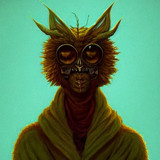 Image similar to portrait of a fluffy moth wanderer in a cloak in the style of Simon Stålenhag and H. R. Giger, detailed, trending on Artstation