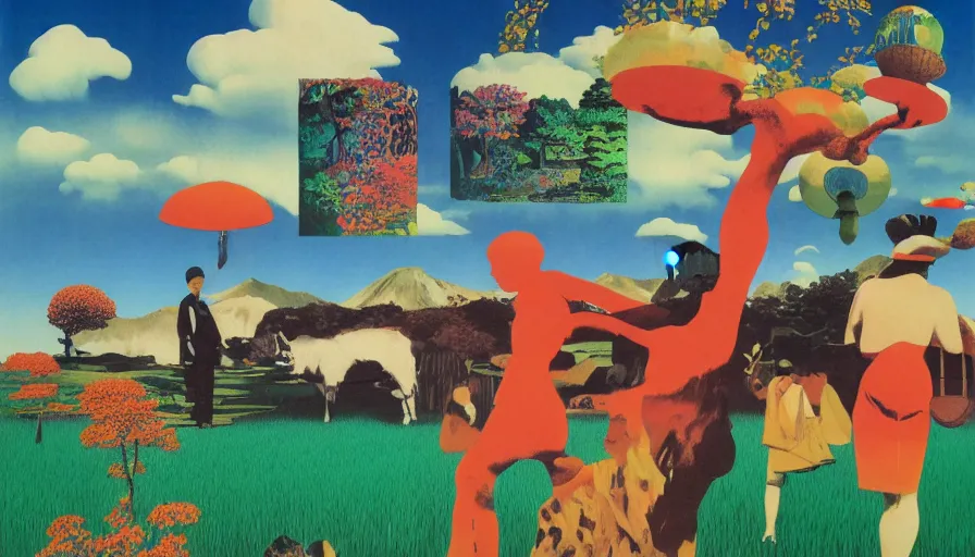 Prompt: Japan rural splendor travel and tourism c2050, surrealist psychedelic collage painting in the style of Forbes magazine, +81 magazine, Magritte, Roger Dean, Yoshio Awazu, vivid color