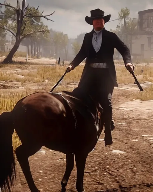 zesty-seal663: Arthur Morgan from Red Dead Redemption 2 riding his horse  across the country