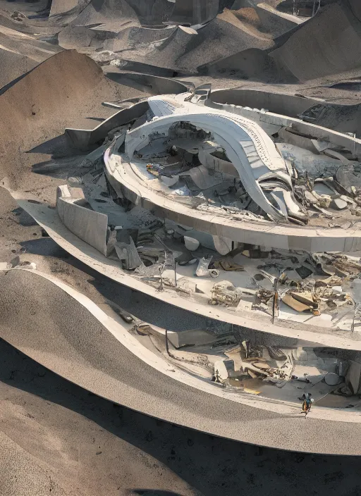 Image similar to bioremediation white mining tailing futuristic horizontal architecture in chuquicamata, epic, cinematic, hyperealistic, high detailed, corona render, hdr, ray tracing