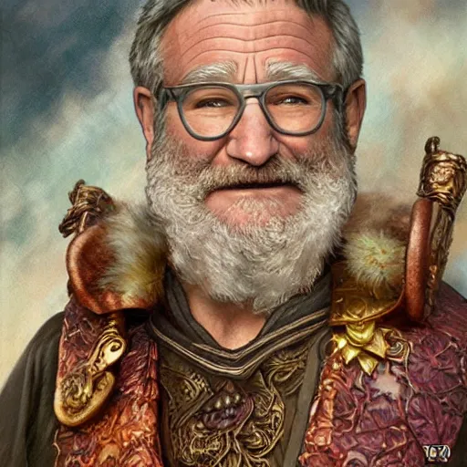 Image similar to an ultradetailed portrait of robin williams dressed as sheogorath, d & d, fantasy, intricate, elegant, highly detailed, digital painting, matte, sharp focus, illustration, art by john collier and albert aublet and krenz cushart and artem demura and alphonse mucha