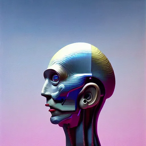 Image similar to Portrait of an artificial intelligence robot,highly detailed, very coherent, painted by Francis Bacon and Edward Hopper, Wayne Barlowe, painted by James Gilleard, surrealism, airbrush, art by JamesJean