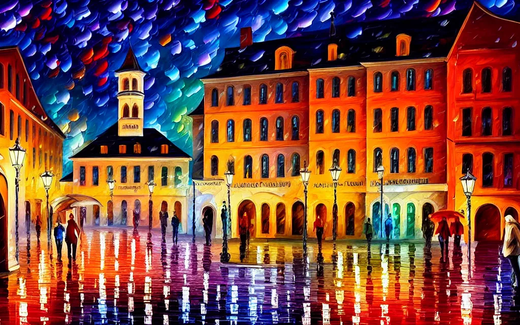 Prompt: a well lit town square at night, rainy, beautiful lighting, vivid colors!, highly detailed digital painting, cinematic, 4 k, trending on artstation, deviantart featured, leonid afremov!