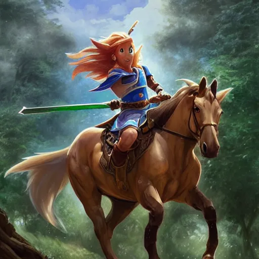 Image similar to Link from Ocarina of Time, riding a majestic horse through The lost woods of Hyrule, D&D, fantasy, intricate, elegant, highly detailed, digital painting, artstation, concept art, matte, sharp focus, illustration, art by Artgerm and Greg Rutkowski and Alphonse Mucha