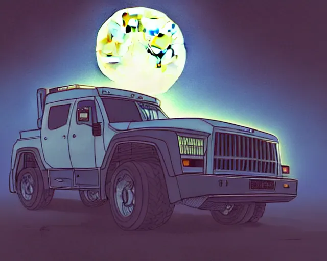 Prompt: a study of cell shaded cartoon huge truck limousine, in front of a big moon, illustration, wide shot, muted colors, post grunge, concept art by josan gonzales and wlop, david rubin, mike mignola, laurie greasley, highly detailed, sharp focus, trending on artstation, hq, deviantart, art by artgem