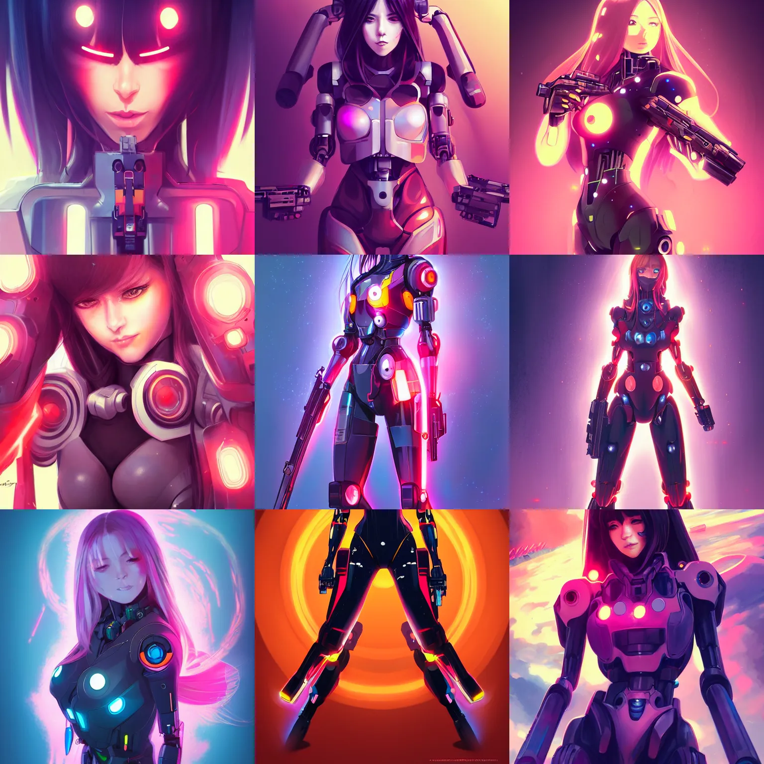 Prompt: portrait of woman in full mecha body suit with a gun, long straight hair, colourful, pretty face, intimidating expression, glowing eyes, anime style by rossdraws, artgerm and greg rutkowski, 4 k, graphic design, adobe illustrator, behance, trending on pixiv