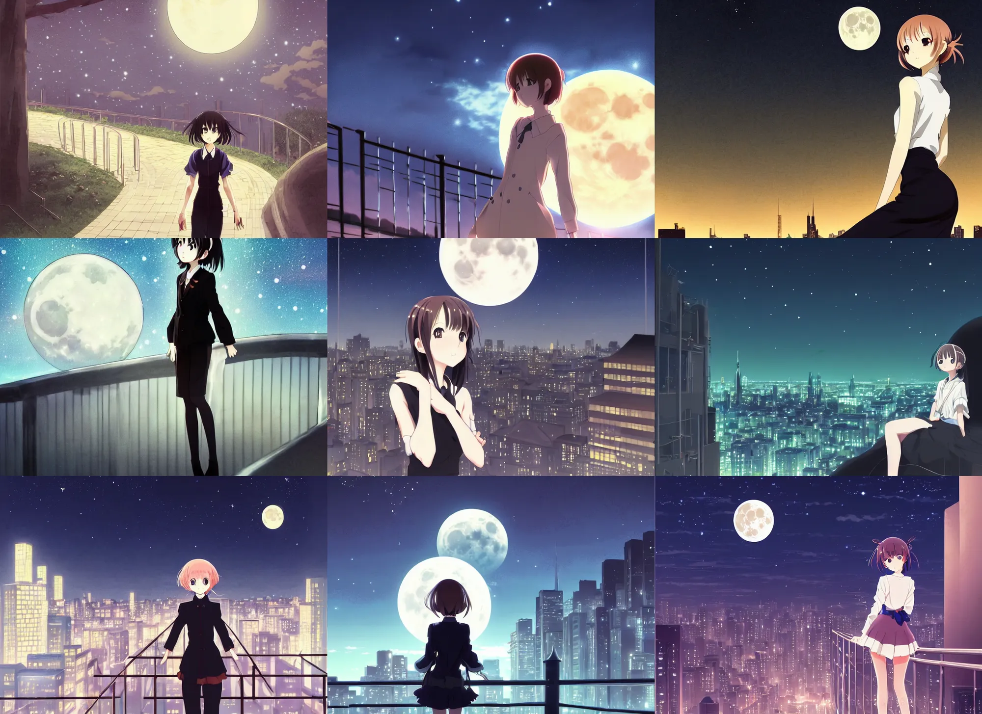 Prompt: anime visual, dark portrait of an elegant girl sightseeing above the city at night in the park, moon, guardrail, cute face by yoh yoshinari, katsura masakazu, dynamic pose, dynamic perspective, ilya kuvshinov, strong silhouette, anime cels, 1 8 mm, rounded eyes, realistic proportions, dramatic, detailed facial features