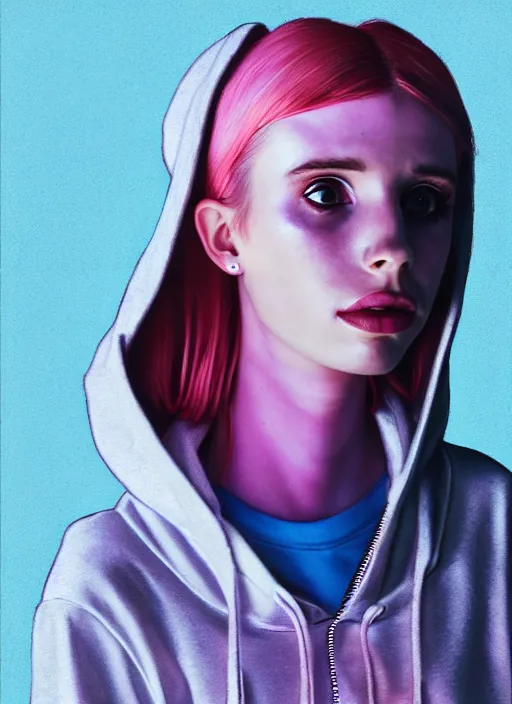 Image similar to still from music video of emma roberts from die antwoord standing in a township street, wearing a hoodie, street clothes, full figure portrait painting by martine johanna, ilya kuvshinov, craig mullins, pastel color palette, 3 5 mm lens