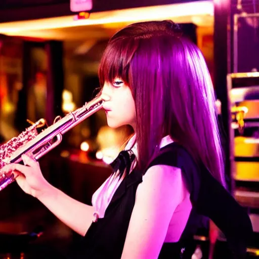 Image similar to danganronpa chiaki nanami playing the saxophone on stage in a low lit jazz bar,