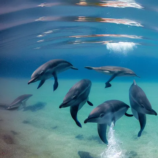 Prompt: underwater ocean, five dolphins, rip curl, school of dolphins, family, swimming to surface, calm, photograph, realistic, peaceful, light rays, beautiful, majestic, dapple, camera angle from below, distance,