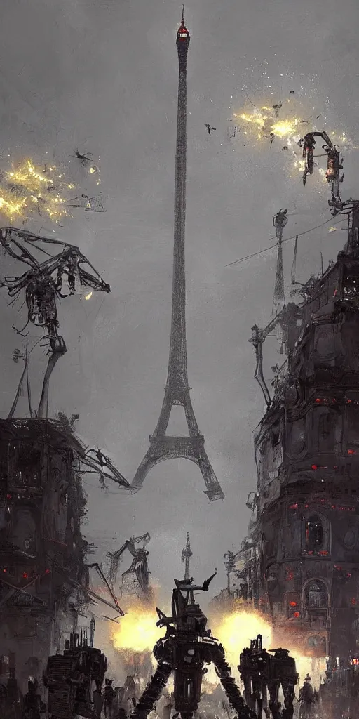 Image similar to war of the worlds, giant mech attack paris, human soldiers, eiffel tower! intense fighting, glowing lights!! digital painting, very detailed, art by jakub rozalski