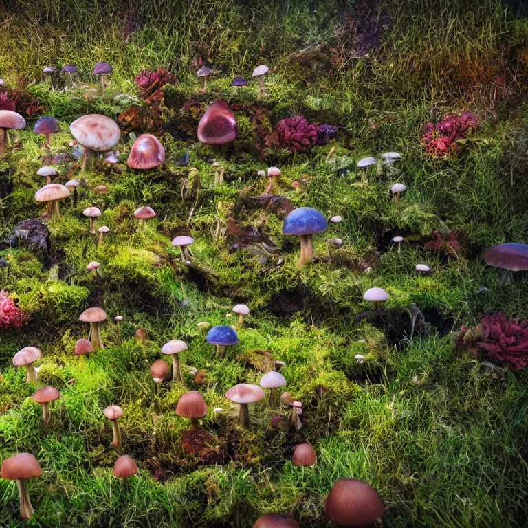 Image similar to a planet of various fungus, mushrooms, flowers and plants, inside the picture is infinity, Atmospheric, artistic photography, conceptual, long exposure outside the city, volumetric light