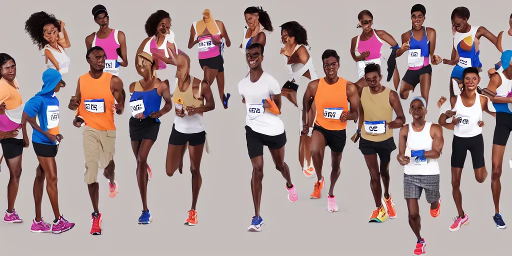 Image similar to Storyboard Sketch of Studio Photograph of starting line of many diverse marathon runners. multiple skintones. Frontal. Shot on 30mm Lens. Advertising Campaign. Wide shot. Fashion Studio lighting. White background.