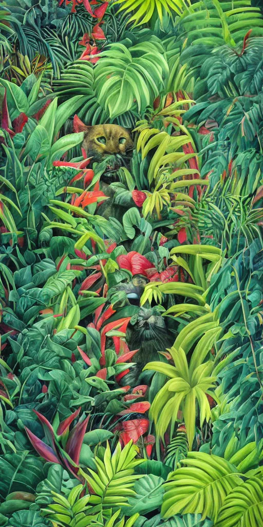 Prompt: deep in the jungle with exotic plant life, colorful tropical plants, natural botanical gardens, vines along the jungle floor, a panthers eyes staring at the camera, acrylic painting by henri rousseau and james jean, artstation, concept art, award winning,