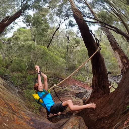 Image similar to teenager using rope swing across gully in Australian native bushland in first person perspective