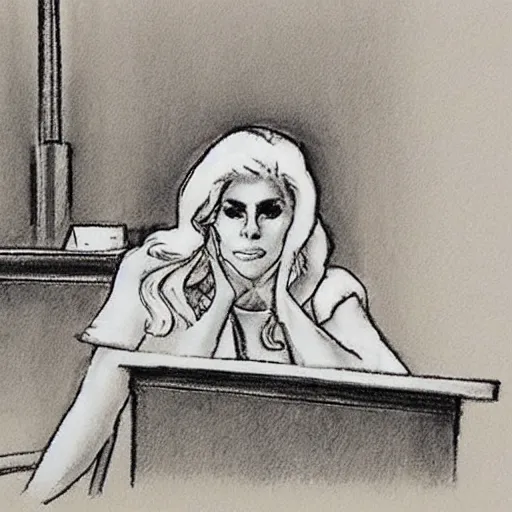 Prompt: courtroom sketch of lady gaga in the witness stand pointing at the hamburgler